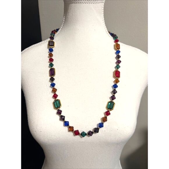 Multicolored Green Red Blue Faceted Gemstone Gold Tone Spacer Long Necklace - Picture 5 of 7